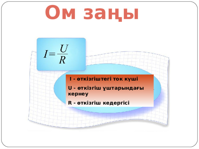 Ом заңы  I - өткізгіштегі ток күші U - өткізгіш ұштарындағы кернеу R - өткізгіш кедергісі 