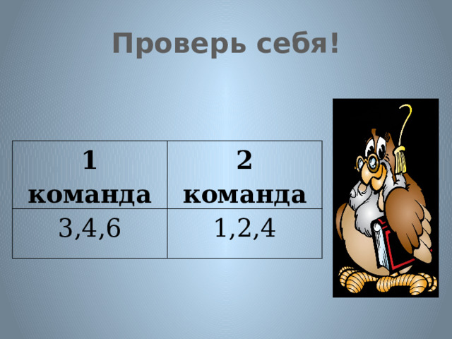 Проверь себя! 1 команда 2 команда 3,4,6 1,2,4 
