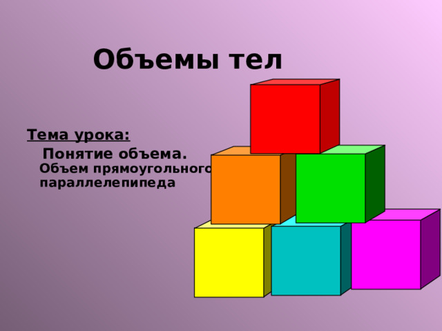 Объемы тел Тема урока:  Понятие объема. Объем прямоугольного параллелепипеда 