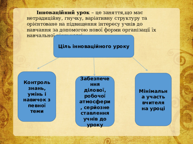 Інноваційний урок – це заняття,що має нетрадиційну, гнучку, варіативну структуру та орієнтоване на підвищення інтересу учнів до навчання за допомогою нової форми організації їх навчальної діяльності. Ціль інноваційного уроку Контроль знань, умінь і навичок з певної теми Мінімальна участь вчителя на уроці Забезпечення ділової, робочої атмосфери, серйозне ставлення учнів до уроку 