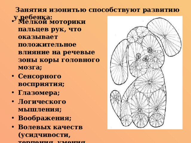  Занятия изонитью способствуют развитию у ребенка: Мелкой моторики пальцев рук, что оказывает положительное влияние на речевые зоны коры головного мозга; Сенсорного восприятия; Глазомера; Логического мышления; Воображения; Волевых качеств (усидчивости, терпения, умения доводить работу до конца и т.п.) 