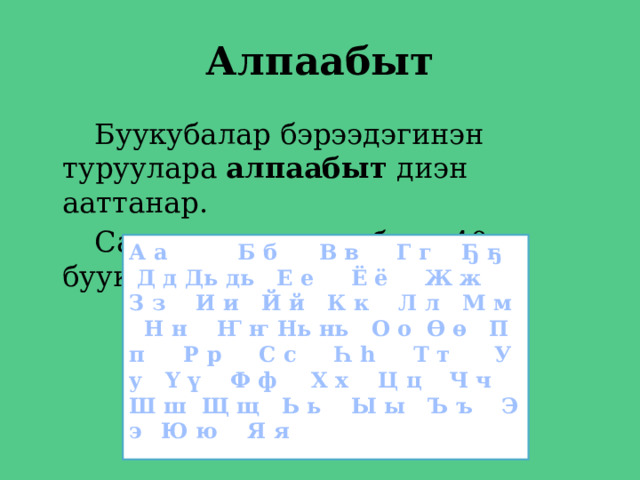 Алпаабыт   Буукубалар бэрээдэгинэн туруулара алпаабыт диэн ааттанар.   Саха тылын алпаабыта 40 буукубалаах. А а  Б б  В в Г г Ҕ ҕ Д д Дь дь Е е Ё ё  Ж ж З з И и Й й К к Л л М м Н н Ҥ ҥ Нь нь O o Ө ө П п  Р р С с Һ һ Т т У у Ү ү Ф ф  Х х Ц ц  Ч ч Ш ш Щ щ Ь ь Ы ы Ъ ъ Э э  Ю ю Я я 