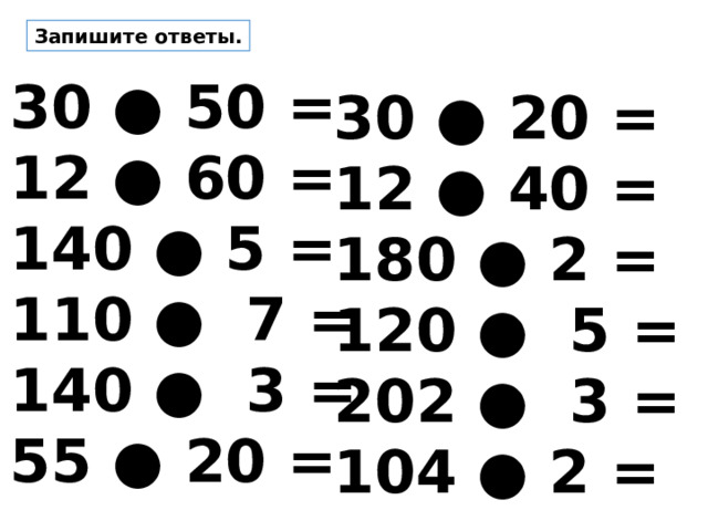 Запишите ответы. 30 ● 50 = 12 ● 60 = 140 ● 5 = 110 ● 7 = 140 ● 3 = 55 ● 20 = 30 ● 20 = 12 ● 40 = 180 ● 2 = 120 ● 5 = 202 ● 3 = 104 ● 2 = 