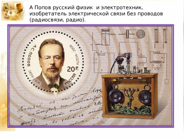 А Попов русский физик и электротехник, изобретатель электрической связи без проводов (радиосвязи, радио). 