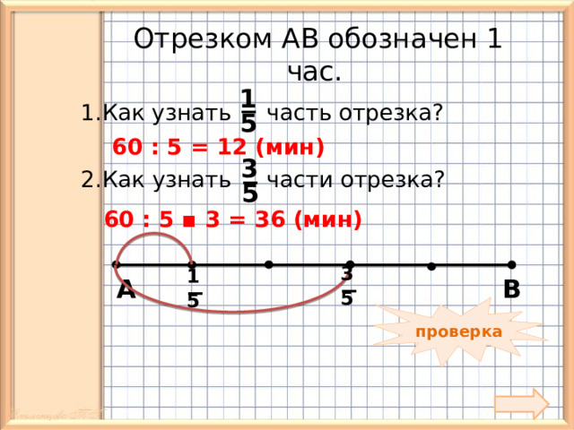 Отрезком АВ обозначен 1 час. _ 1 1.Как узнать часть отрезка? 5 60 : 5 = 12 (мин) _ 3 2.Как узнать части отрезка? 5 60 : 5 ▪ 3 = 36 (мин) _ _ 3 1 А В 5 5 проверка 