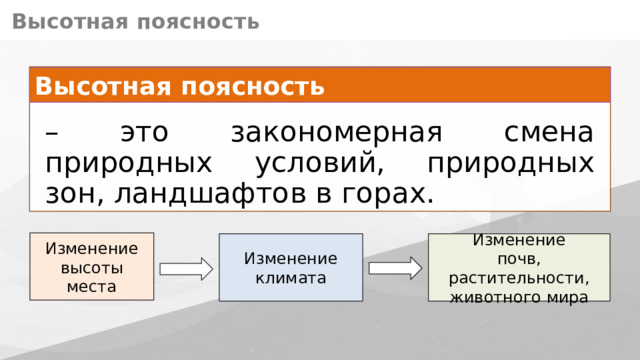 Высотная поясность – это закономерная смена природных условий, природных зон, ландшафтов в горах. Высотная поясность Изменение  высоты места Изменение  климата Изменение  почв, растительности, животного мира 10 