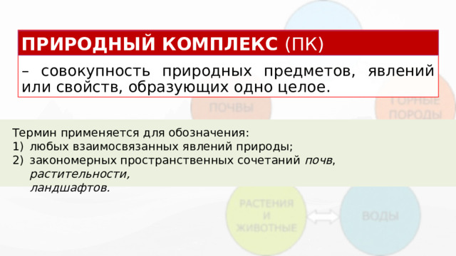 – совокупность природных предметов, явлений или свойств, образующих одно целое. ПРИРОДНЫЙ КОМПЛЕКС (ПК) ПК – исторический предшественник понятия природная система . Термин применяется для обозначения: любых взаимосвязанных явлений природы; закономерных пространственных сочетаний почв , растительности,  ландшафтов. ПК более широкое понятие , чем например, ландшафт или ПТК , поскольку не  содержит указаний ни на географичность, ни на территориальность, ни на  полноту охвата компонентов. 1 