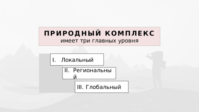 ПРИРОДНЫЙ КОМПЛЕКС  имеет три главных уровня Локальный Региональный Глобальный 1 