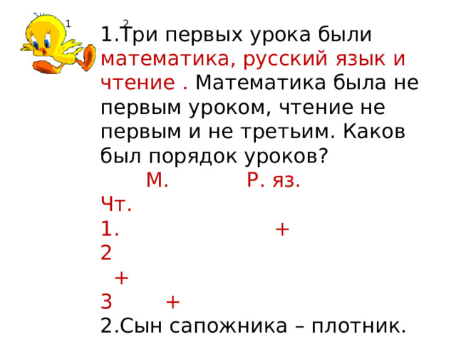  1 2  1.Три первых урока были математика, русский язык и чтение . Математика была не первым уроком, чтение не первым и не третьим. Каков был порядок уроков?  М. Р. яз. Чт. 1. + 2 + 3 + 2.Сын сапожника – плотник. Кем приходится сапожник плотнику? ОТЦОМ  3. Брату 7 лет, а сестре 5. Сколько лет исполнится сестре , когда брату будет 10? 8 лет 