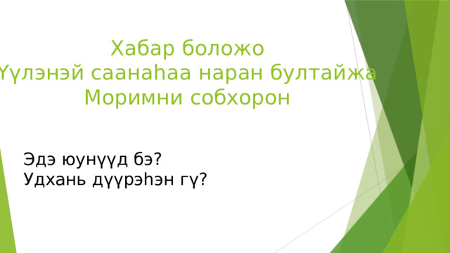 Хабар боложо Үүлэнэй саанаһаа наран бултайжа Моримни собхорон Эдэ юунүүд бэ? Удхань дүүрэһэн гү? 