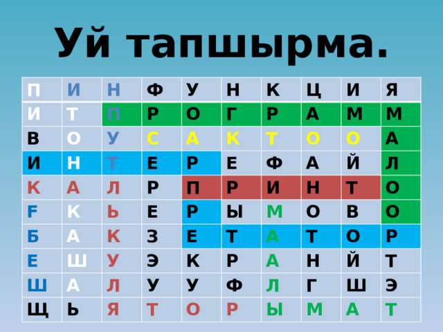 Уй тапшырма. П И И Т Н В Ф И О П Р Н У К У О С F Т Н А Е Г К А Б Л К А Р Р Р Е Ц К Ь Ш Е А Е П К Ш И Т А О У М Щ З Р Я Ф Р Ь Ы Э А М О Л И Е У К Й Я А Т М Н Л Т Р О А Т У О Ф О Т А В Р Н О О Л Г Ы Р Й М Т Ш Э А Т 