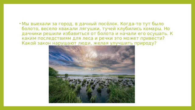 Мы выехали за город, в дачный посёлок. Когда-то тут было болото, весело квакали лягушки, тучей клубились комары. Но дачники решили избавиться от болота и начали его осушать. К каким последствиям для леса и речки это может привести? Какой закон нарушают люди, желая улучшить природу? 