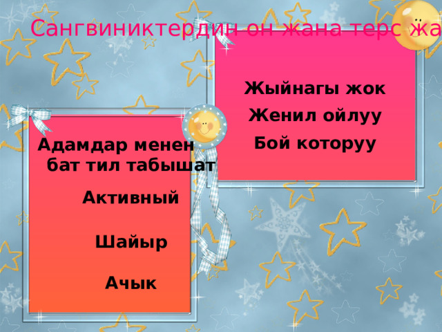 Сангвиниктердин он жана терс жактары Жыйнагы жок  Женил ойлуу  Бой которуу Адамдар менен бат тил табышат  Активный   Шайыр  Ачык  