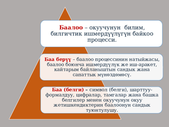 Баалоо  – окуучунун билим, билгичтик ишмердүүлүгүн байкоо процесси. Баа берүү – баалоо процессинин натыйжасы, баалоо боюнча ишмердүүлүк же иш-аракет, кайтарым байланыштын сандык жана сапаттык мүнөздөмөсү. Баа (белги) – символ (белги), шарттуу-формалдуу, цифралар, тамгалар жана башка белгилер менен окуучунун окуу жетишкендиктерин баалоонун сандык туюнтулушу. 