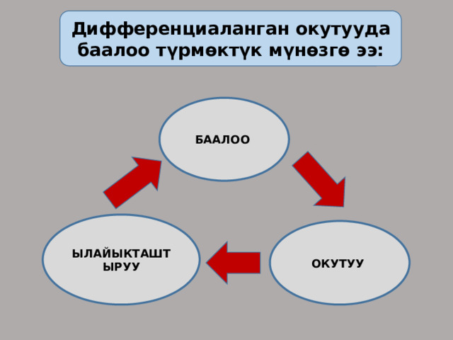 Дифференциаланган окутууда баалоо түрмөктүк мүнөзгө ээ: БААЛОО ЫЛАЙЫКТАШТЫРУУ ОКУТУУ 
