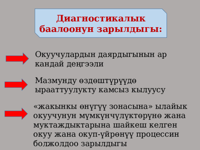 Диагностикалык баалоонун зарылдыгы: Окуучулардын даярдыгынын ар кандай деңгээли Мазмунду өздөштүрүүдө ырааттуулукту камсыз кылуусу «жакынкы өнүгүү зонасына» ылайык окуучунун мүмкүнчүлүктөрүнө жана муктаждыктарына шайкеш келген окуу жана окуп-үйрөнүү процессин болжолдоо зарылдыгы 
