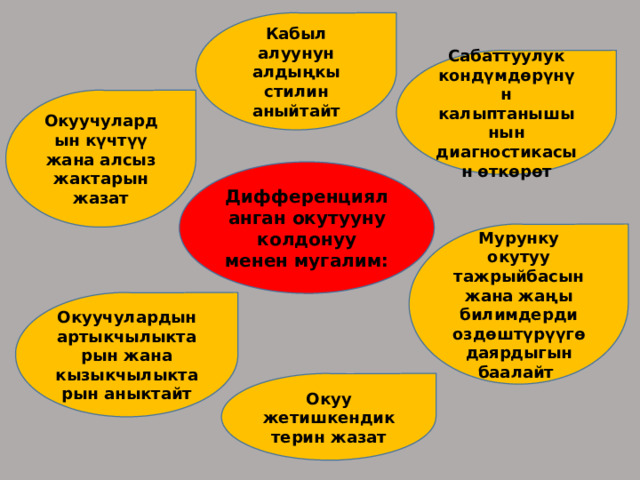 Кабыл алуунун алдыңкы стилин аныйтайт Сабаттуулук кондүмдөрүнүн калыптанышынын диагностикасын өткөрөт Окуучулардын күчтүү жана алсыз жактарын жазат Дифференцияланган окутууну колдонуу менен мугалим: Мурунку окутуу тажрыйбасын жана жаңы билимдерди оздөштүрүүгө даярдыгын баалайт Окуучулардын артыкчылыктарын жана кызыкчылыктарын аныктайт Окуу жетишкендиктерин жазат 