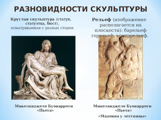 РАЗНОВИДНОСТИ СКУЛЬПТУРЫ Рельеф (изображение располагается на плоскости): барельеф горельеф, контррельеф. Круглая скульптура ( статуя, статуэтка, бюст ), осматриваемая с разных сторон Микеланджело Буонарроти «Пьета» Микеланджело Буонарроти «Пьета» «Мадонна у лестницы» 