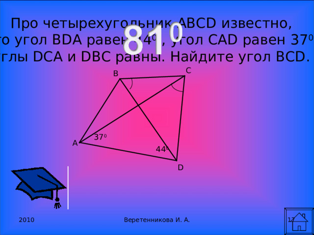 Про четырехугольник ABCD известно, что угол BDA равен 44 0 , угол CAD равен 37 0  углы DCA и DBC равны. Найдите угол BCD. C B 37 0 A 44 0 D 2010 Веретенникова И. А. 15 