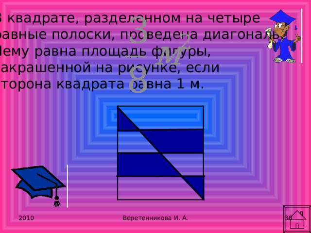 В квадрате, разделенном на четыре равные полоски, проведена диагональ. Чему равна площадь фигуры, закрашенной на рисунке, если сторона квадрата равна 1 м. 2010 Веретенникова И. А. 29 