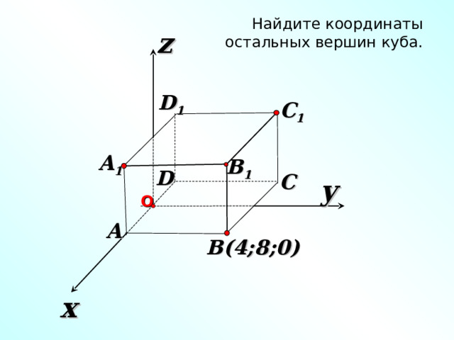 Найдите координаты остальных вершин куба. z D 1 C 1 A 1 B 1 D C y О A «Геометрия 7-9» Л.С. Атанасян и др. B( 4 ; 8 ;0) x 29 
