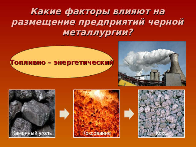 Какие факторы влияют на размещение предприятий черной металлургии? Топливно – энергетический 