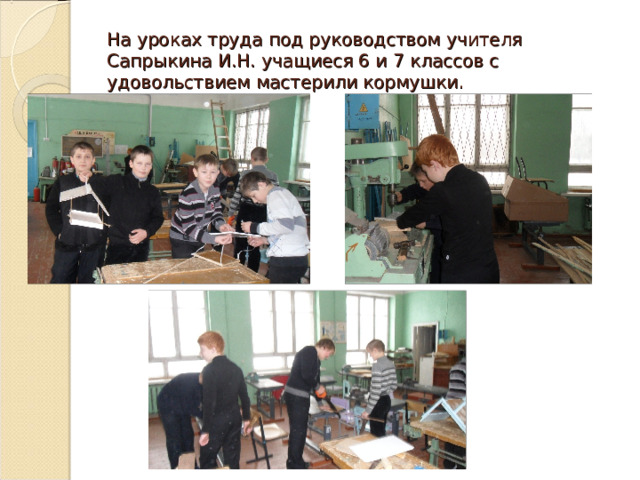 На уроках труда под руководством учителя Сапрыкина И.Н. учащиеся 6 и 7 классов с удовольствием мастерили кормушки. 