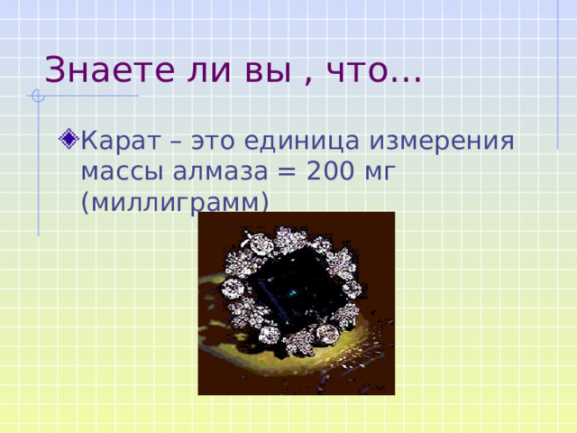 Знаете ли вы , что… Карат – это единица измерения массы алмаза = 200 мг (миллиграмм) 