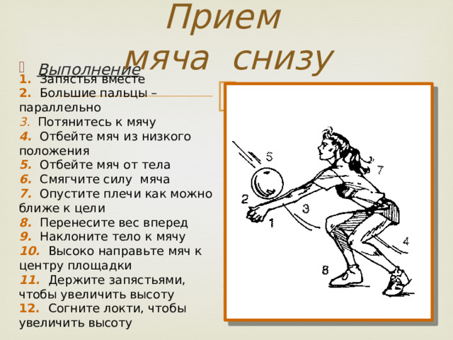 Прием мяча снизу Выполнение 1. Запястья вместе 2. Большие пальцы – параллельно 3. Потянитесь к мячу 4. Отбейте мяч из низкого положения 5. Отбейте мяч от тела 6. Смягчите силу мяча 7. Опустите плечи как можно ближе к цели 8. Перенесите вес вперед 9. Наклоните тело к мячу 10. Высоко направьте мяч к центру площадки 11. Держите запястьями, чтобы увеличить высоту 12. Согните локти, чтобы увеличить высоту 