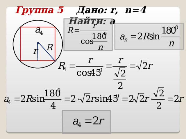 Группа 5 Дано: r , n = 4 Найти: а  