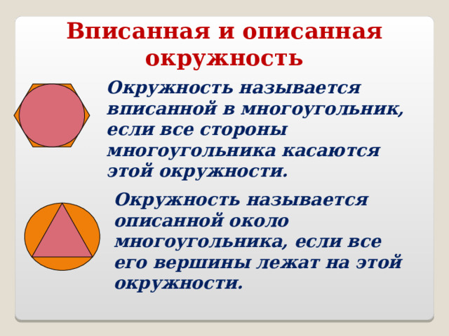 Вписанная и описанная окружность Окружность называется вписанной в многоугольник, если все стороны многоугольника касаются этой окружности. Окружность называется описанной около многоугольника, если все его вершины лежат на этой окружности. 