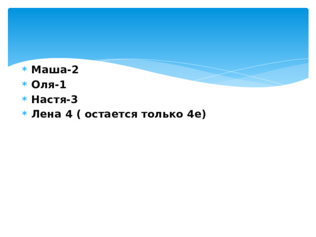 Маша-2 Оля-1 Настя-3 Лена 4 ( остается только 4е)  