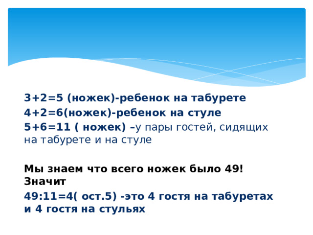   3+2=5 (ножек)-ребенок на табурете 4+2=6(ножек)-ребенок на стуле 5+6=11 ( ножек) – у пары гостей, сидящих на табурете и на стуле  Мы знаем что всего ножек было 49!Значит 49:11=4( ост.5) -это 4 гостя на табуретах и 4 гостя на стульях 