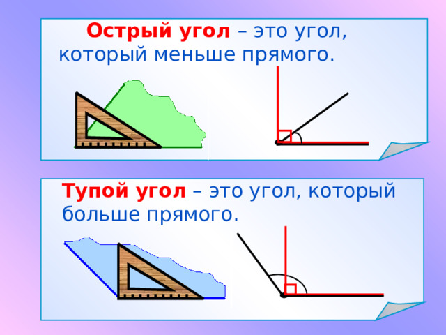   Острый угол  – это угол, который меньше прямого.   Тупой угол  – это угол, который больше прямого. 