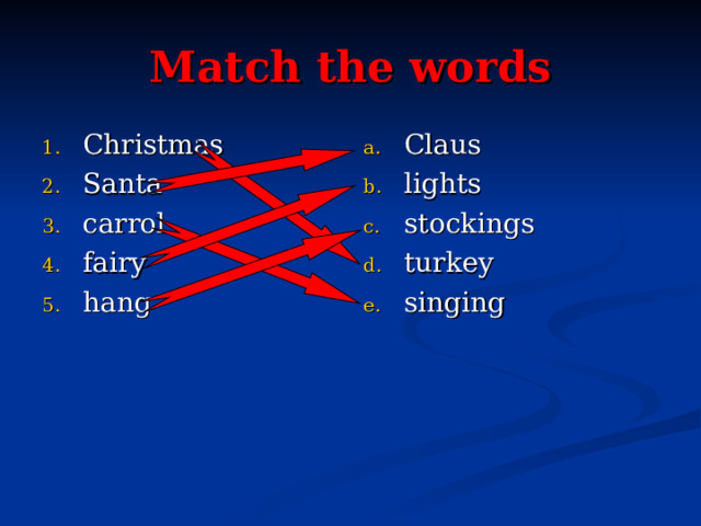 Match the words Christmas Santa carrol fairy hang Claus lights stockings turkey singing 