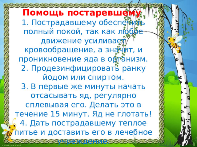 Помощь постаревшему  1. Пострадавшему обеспечить полный покой, так как любое движение усиливает кровообращение, а значит, и проникновение яда в организм.  2. Продезинфицировать ранку йодом или спиртом.  3. В первые же минуты начать отсасывать яд, регулярно сплевывая его. Делать это в течение 15 минут. Яд не глотать!  4. Дать пострадавшему теплое питье и доставить его в лечебное учреждение.   