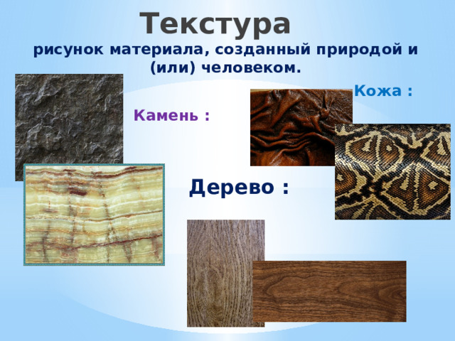 Текстура  рисунок материала, созданный природой и (или) человеком. Кожа : Камень : Дерево : 