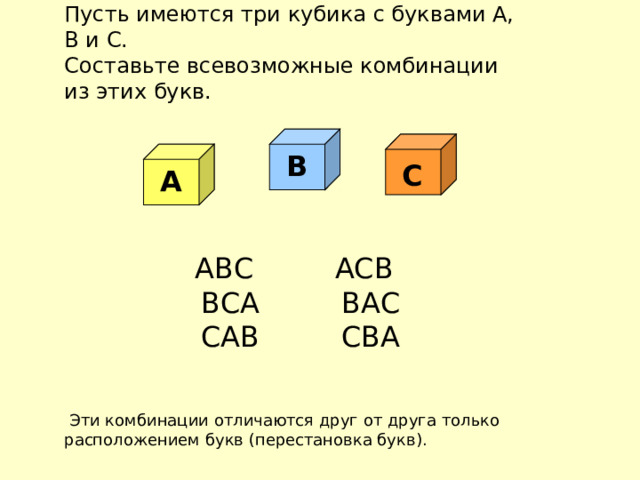 Пусть имеются три кубика с буквами А, В и С. Составьте всевозможные комбинации из этих букв.  ABC АСВ  ВСА ВАС  CAB CBA  Эти комбинации отличаются друг от друга только расположением букв (перестановка букв). В С А 