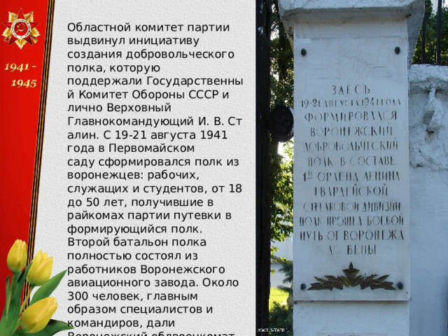 Областной комитет партии выдвинул инициативу создания добровольческого полка, которую поддержали Государственный Комитет Обороны СССР и лично Верховный Главнокомандующий И. В. Сталин. С 19-21 августа 1941 года в Первомайском саду сформировался полк из воронежцев: рабочих, служащих и студентов, от 18 до 50 лет, получившие в райкомах партии путевки в формирующийся полк. Второй батальон полка полностью состоял из работников Воронежского авиационного завода. Около 300 человек, главным образом специалистов и командиров, дали Воронежский облвоенкомат и Тамбовское пехотное училище 