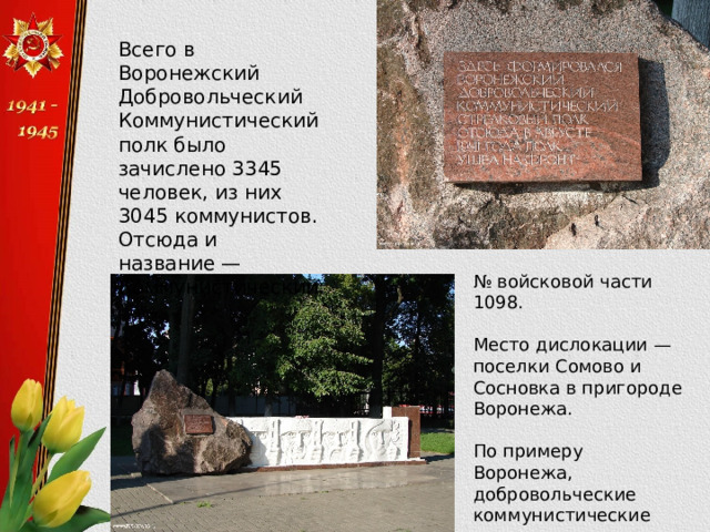 Всего в Воронежский Добровольческий Коммунистический полк было зачислено 3345 человек, из них 3045 коммунистов. Отсюда и название — Коммунистический. № войсковой части 1098. Место дислокации — поселки Сомово и Сосновка в пригороде Воронежа. По примеру Воронежа, добровольческие коммунистические соединения стали создаваться по всей стране. 