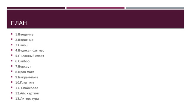 План 1.Введение 2.Введение 3.Сквош 4.Будокан-фитнес 5.Пилонный спорт 6.Скибоб 7.Воркаут 8.Крав-мага 9.Бикрам-йога 10.Плоггинг 11. Спайкболл 12.Айс картинг 13.Литература 