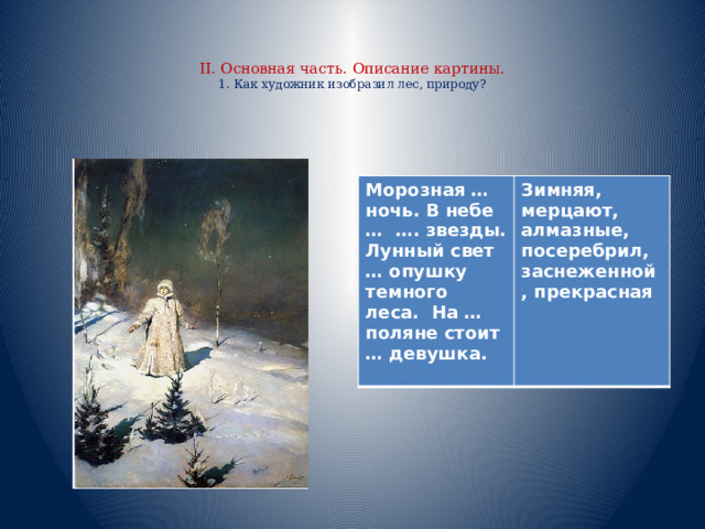   II. Основная часть. Описание картины.  1. Как художник изобразил лес, природу?    Морозная … ночь. В небе … …. звезды. Лунный свет … опушку темного леса. На … поляне стоит … девушка. Зимняя, мерцают, алмазные, посеребрил, заснеженной, прекрасная 