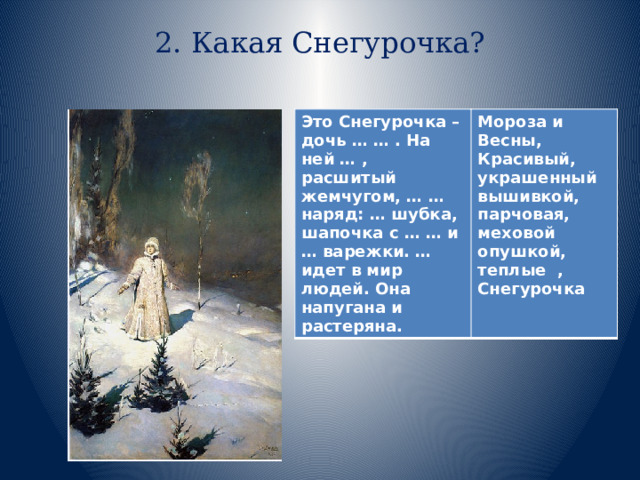 2. Какая Снегурочка?   Это Снегурочка – дочь … … . На ней … , расшитый жемчугом, … … наряд: … шубка, шапочка с … … и … варежки. … идет в мир людей. Она напугана и растеряна. Мороза и Весны, Красивый, украшенный вышивкой, парчовая, меховой опушкой, теплые , Снегурочка 