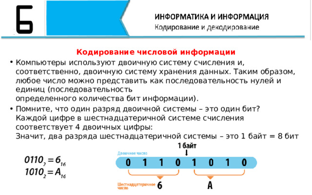 Кодирование числовой информации Компьютеры используют двоичную систему счисления и, соответственно, двоичную систему хранения данных. Таким образом, любое число можно представить как последовательность нулей и единиц (последовательность  определенного количества бит информации). Помните, что один разряд двоичной системы – это один бит?  Каждой цифре в шестнадцатеричной системе счисления соответствует 4 двоичных цифры:  Значит, два разряда шестнадцатеричной системы – это 1 байт = 8 бит   