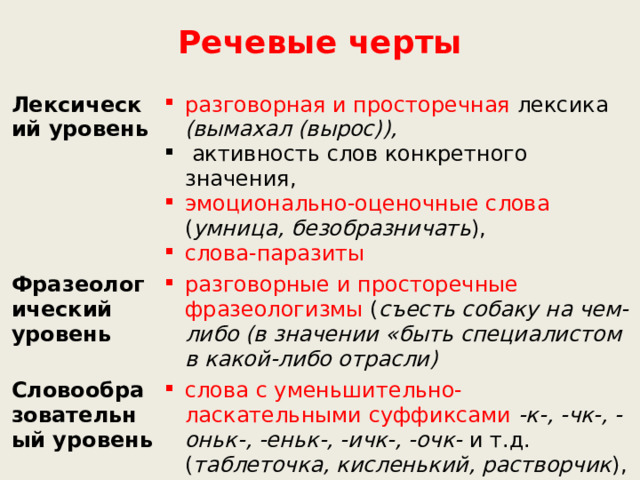 Речевые черты Лексический уровень разговорная и просторечная лексика (вымахал (вырос)), Фразеологический уровень  активность слов конкретного значения, разговорные и просторечные фразеологизмы ( съесть собаку на чем-либо (в значении «быть специалистом в какой-либо отрасли) Словообразовательный уровень эмоционально-оценочные слова ( умница, безобразничать ), слова-паразиты слова с уменьшительно-ласкательными суффиксами -к-, -чк-, -оньк-, -еньк-, -ичк-, -очк- и т.д. ( таблеточка, кисленький, растворчик ), слова с суффиксами неполного качества -оват-, -еват- ( сладковатый, синеватый ) 