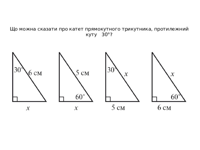 Що можна сказати про катет прямокутного трикутника, протилежний куту 30°?    