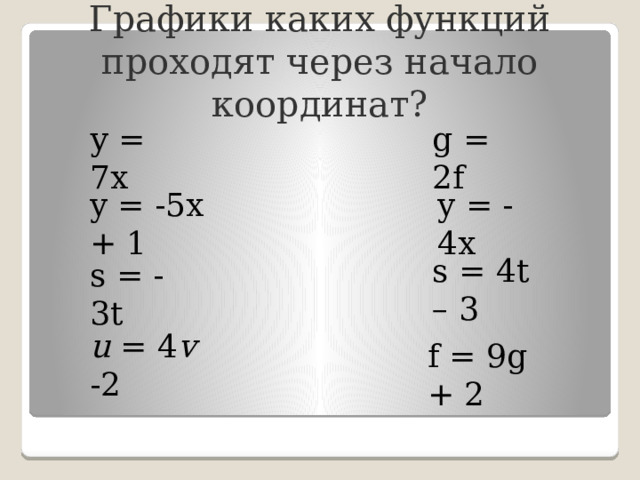 Графики каких функций проходят через начало координат? у = 7х g = 2f y = -5х + 1 y = -4x s = 4t – 3 s = -3t u = 4 v -2 f = 9g + 2 