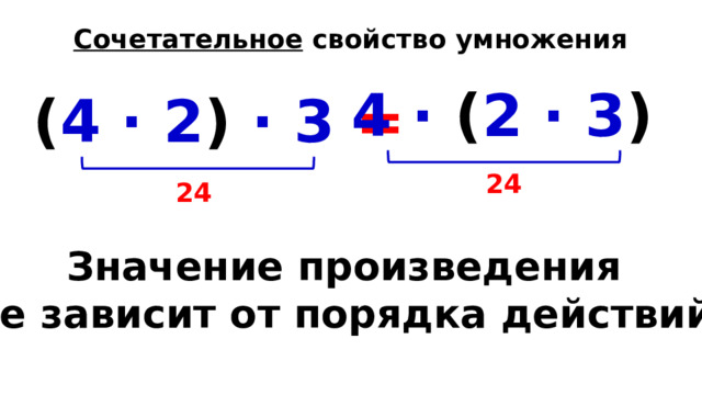 Сочетательное свойство умножения 4 · ( 2 · 3 )  ( 4 · 2 ) · 3 =  24 24 Значение произведения не зависит от порядка действий. 