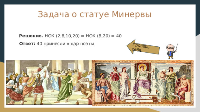 Проверь себя Задача о статуе Минервы Решение. НОК (2,8,10,20) = НОК (8,20) = 40 Ответ: 40 принесли в дар поэты 
