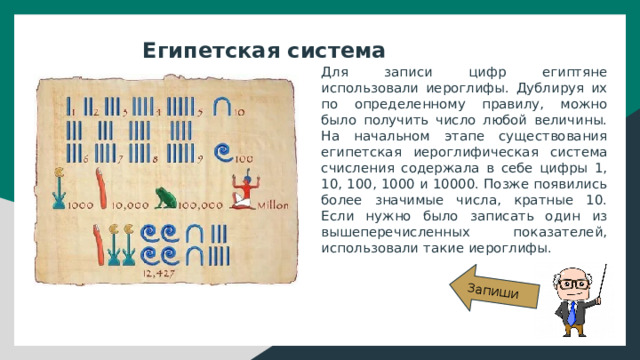Запиши Египетская система счисления Для записи цифр египтяне использовали иероглифы. Дублируя их по определенному правилу, можно было получить число любой величины. На начальном этапе существования египетская иероглифическая система счисления содержала в себе цифры 1, 10, 100, 1000 и 10000. Позже появились более значимые числа, кратные 10. Если нужно было записать один из вышеперечисленных показателей, использовали такие иероглифы. 